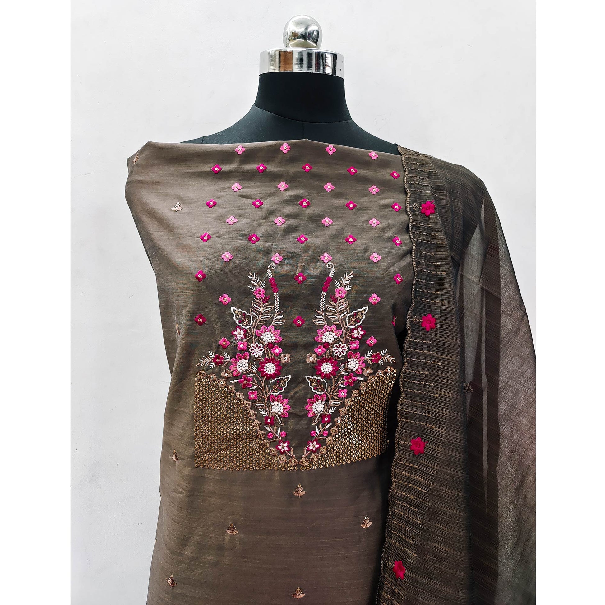 Brown Floral Embroidered Cotton Blend Dress Material