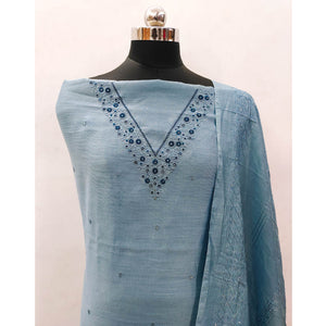 Bluish Grey Embroidered Cotton Blend Dress Material