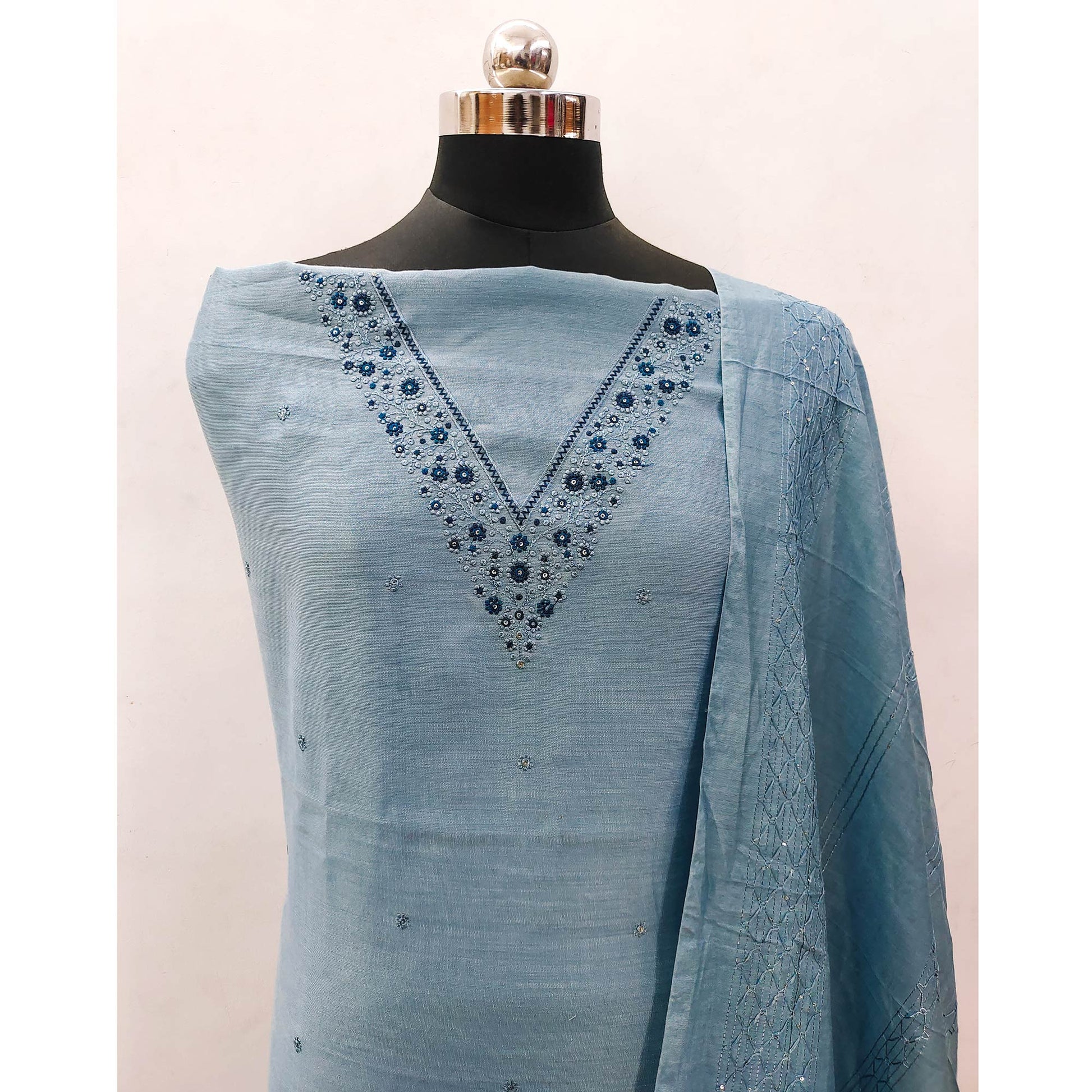 Bluish Grey Embroidered Cotton Blend Dress Material
