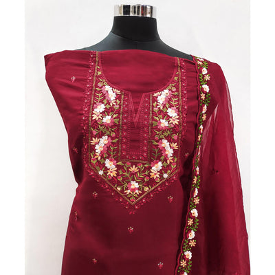 Maroon Floral Embroidered Viscose Dress Material