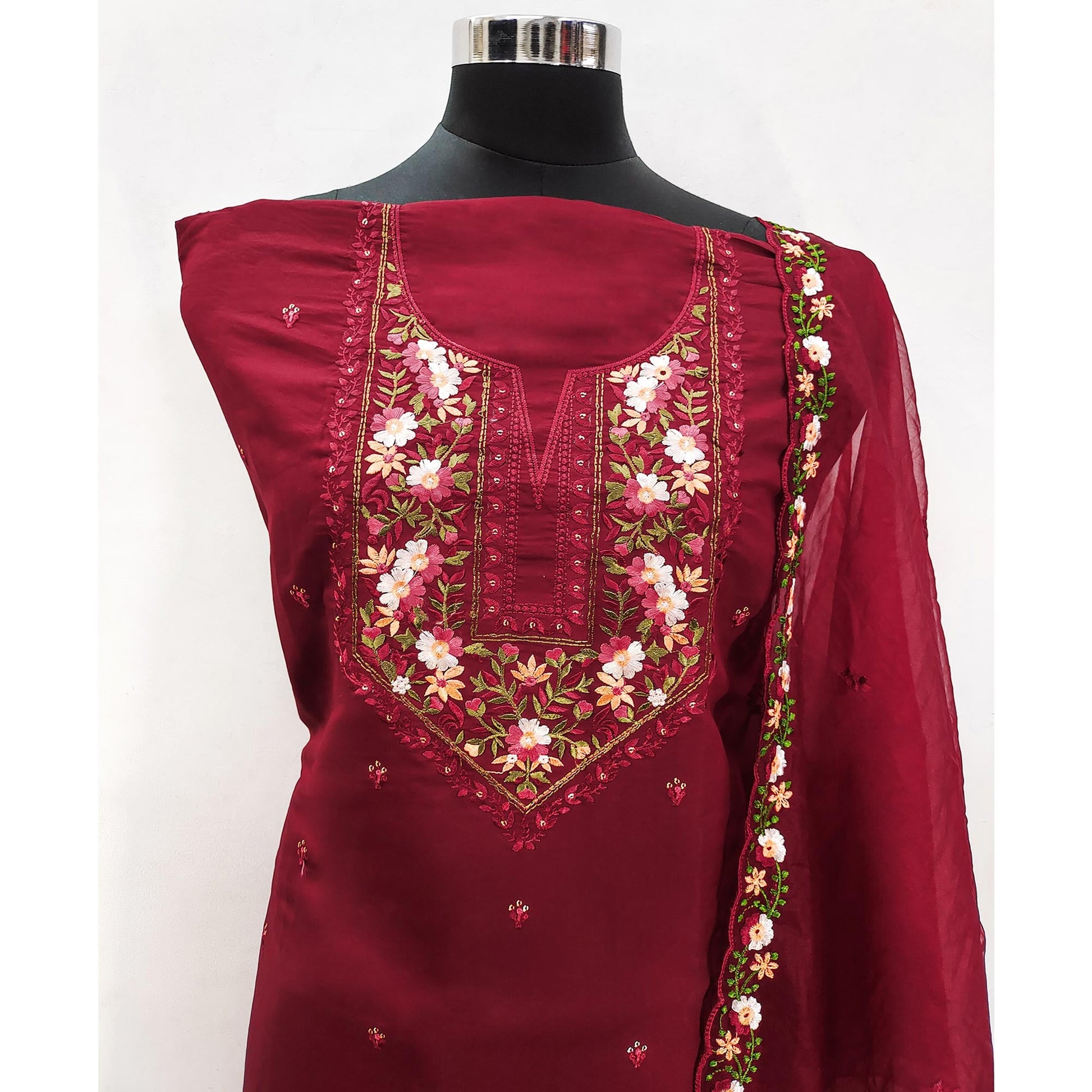 Maroon Floral Embroidered Viscose Dress Material