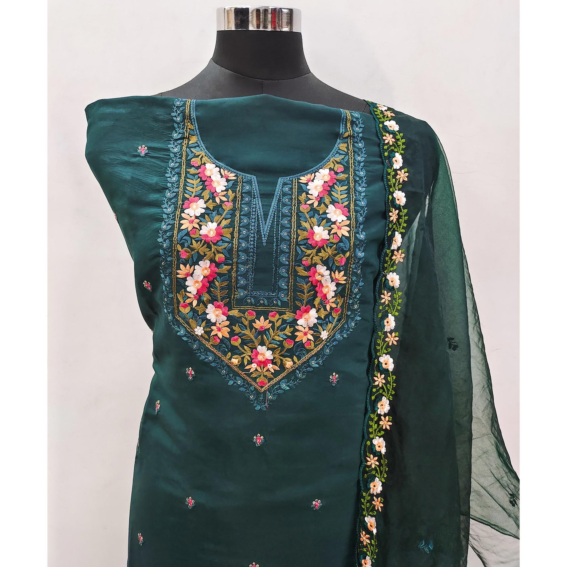 Morpich Green Floral Embroidered Viscose Dress Material