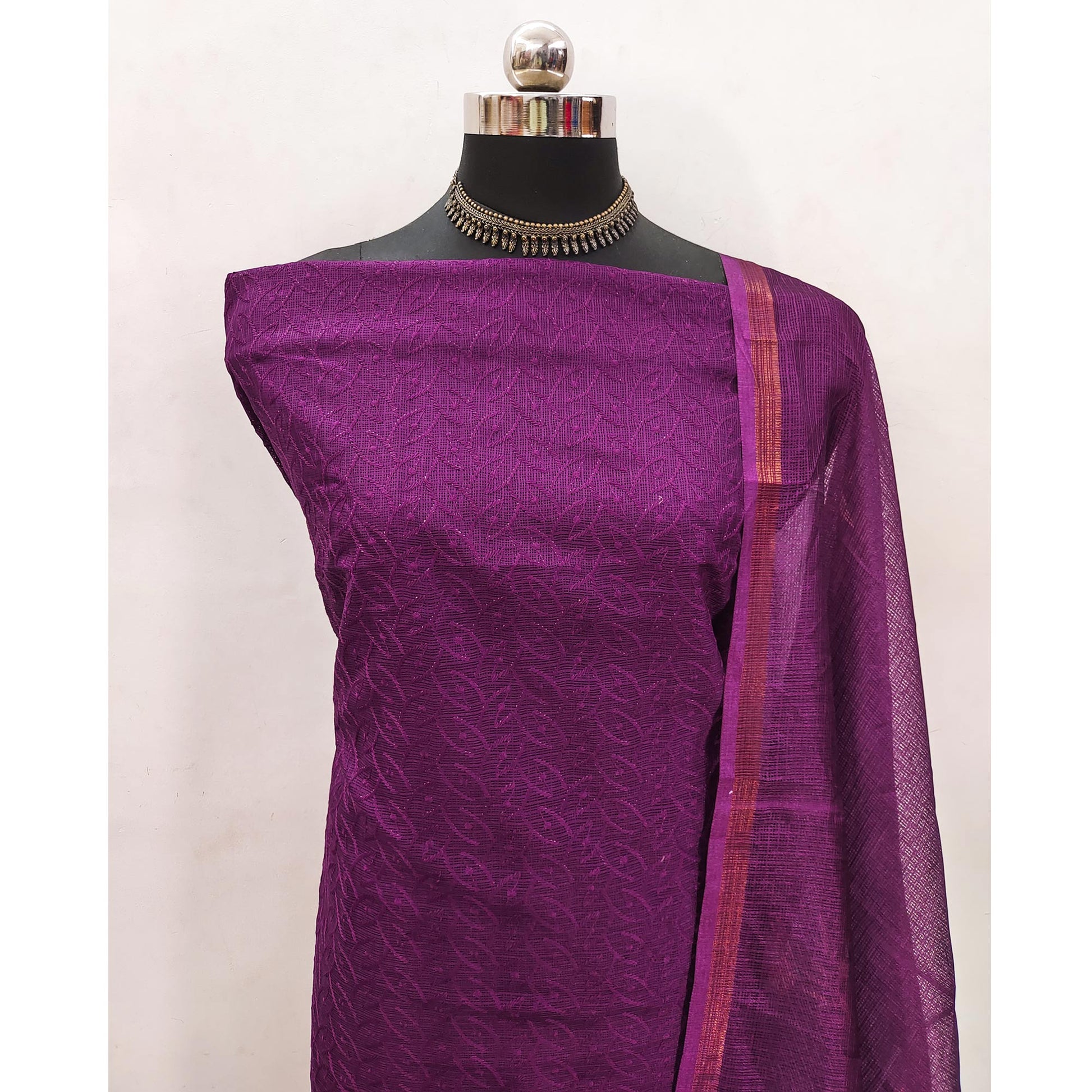 Dark Purple Embroidered Kota Doria Dress Material