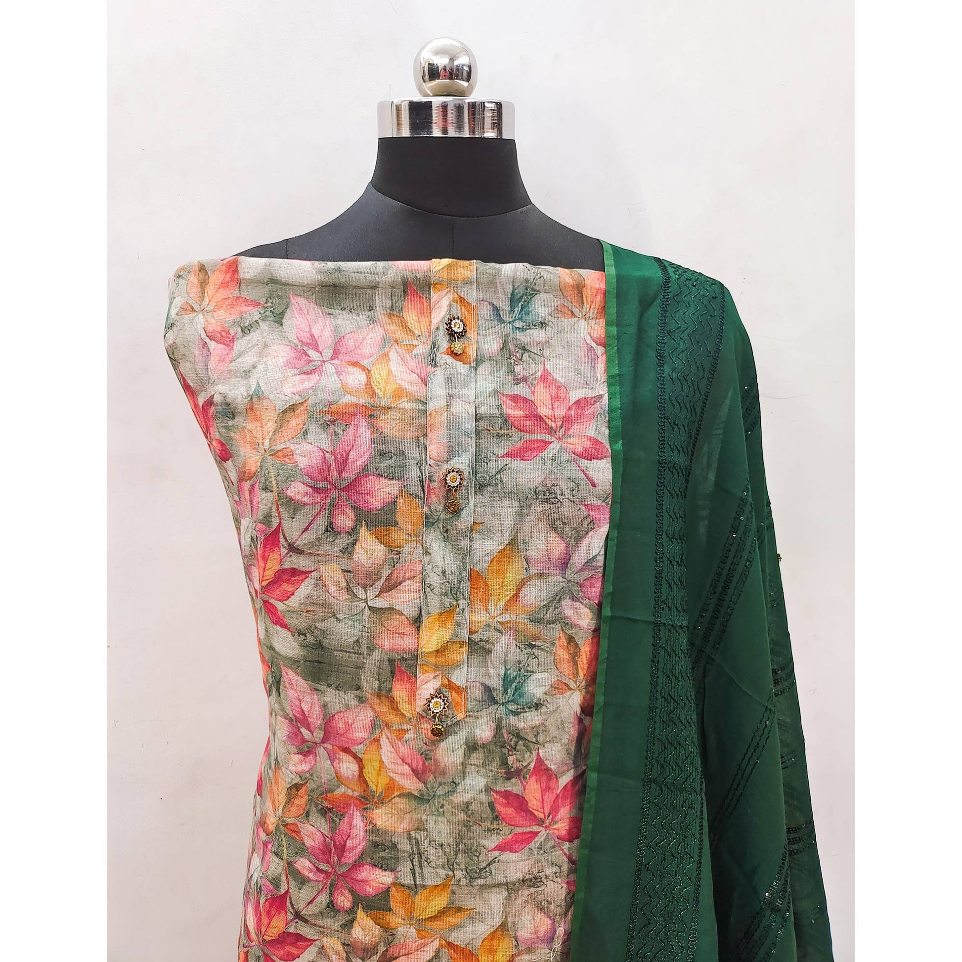 green-floral-printed-linen-dress-material