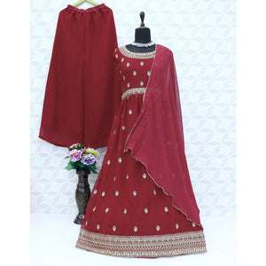 Maroon Sequins Embroidered Georgette Naira Cut Semi Stitched Suit