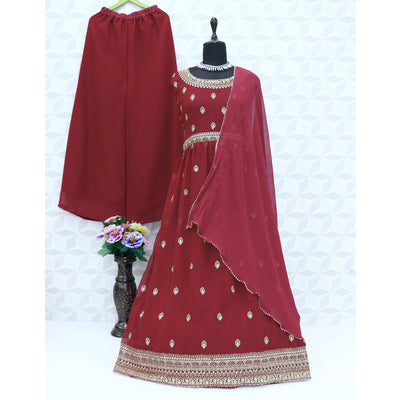 Maroon Sequins Embroidered Georgette Naira Cut Semi Stitched Suit