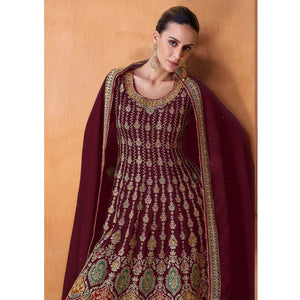 Maroon Sequins Embroidered Georgette Semi Stitched Sharara Suit
