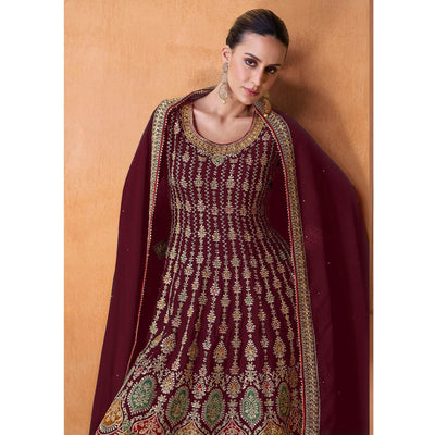 Maroon Sequins Embroidered Georgette Semi Stitched Sharara Suit