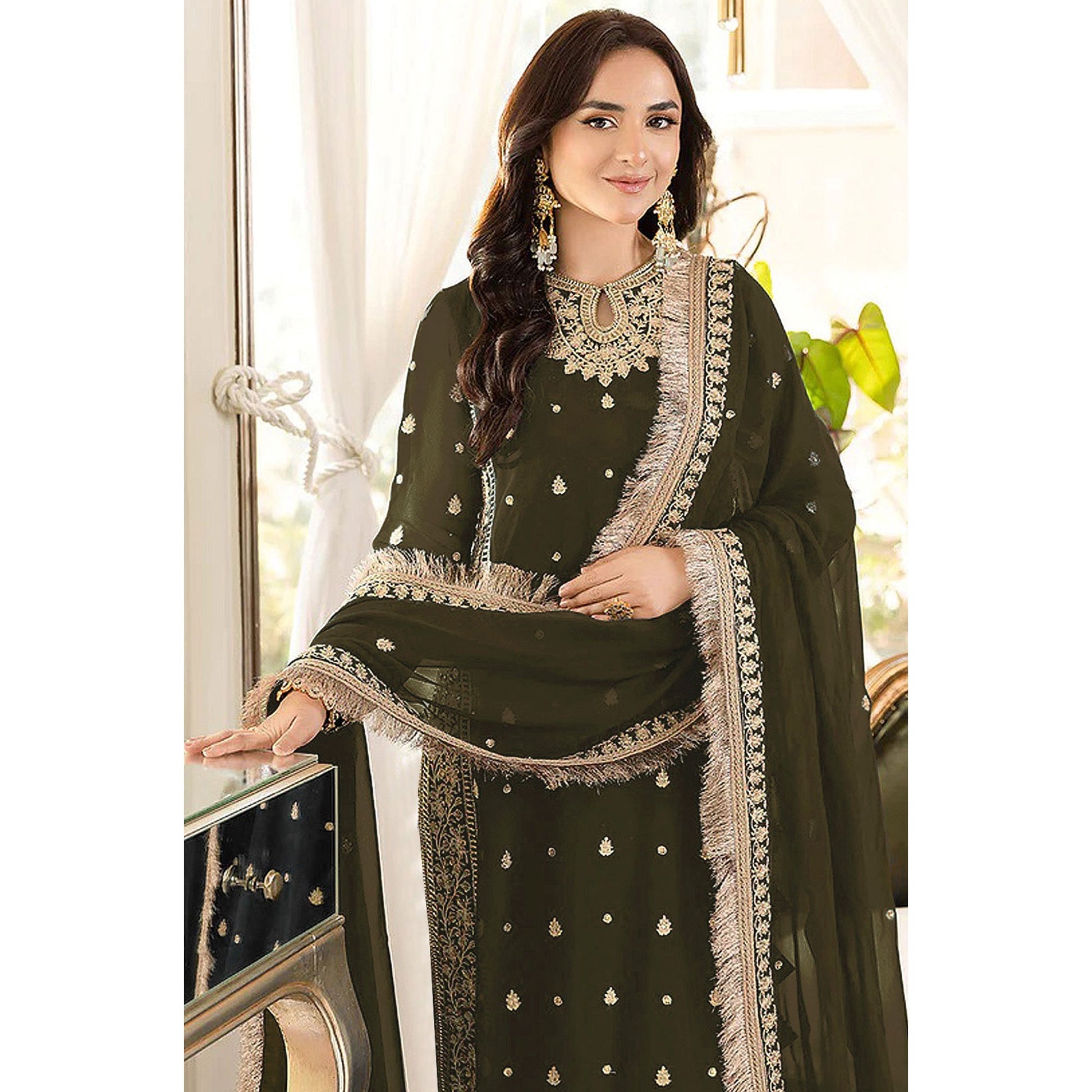 Mehendi Green Floral Embroidered Georgette Semi Stitched Pakistani Suit