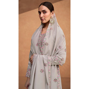 Grey Sequins Embroidered Pure Silk Semi Stitched Suit