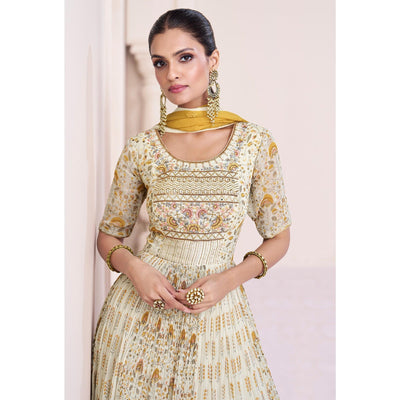 Cream Embroidered With Printed Georgette Semi Stitched Anarkali Suit