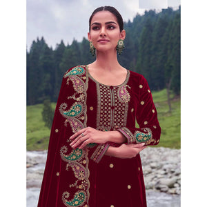 Maroon Floral Embroidered Velvet Semi Stitched Salwar Suit