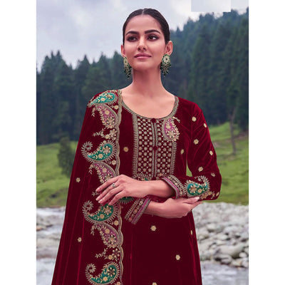 Maroon Floral Embroidered Velvet Semi Stitched Salwar Suit