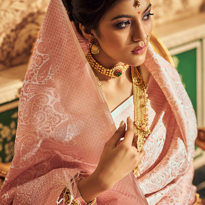 Cream Floral Zari Woven Kanjivaram SIlk Saree