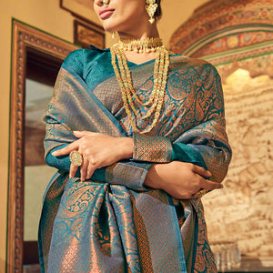 Morpich Green Floral Zari Woven Kanjivaram SIlk Saree