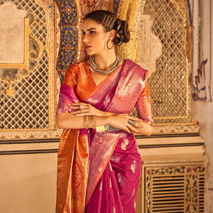 Magenta Pink Floral Woven Tussar Silk Saree