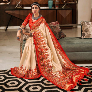 Cream & Red Patola Printed Tussar Silk Saree