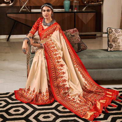 Cream & Red Patola Printed Tussar Silk Saree