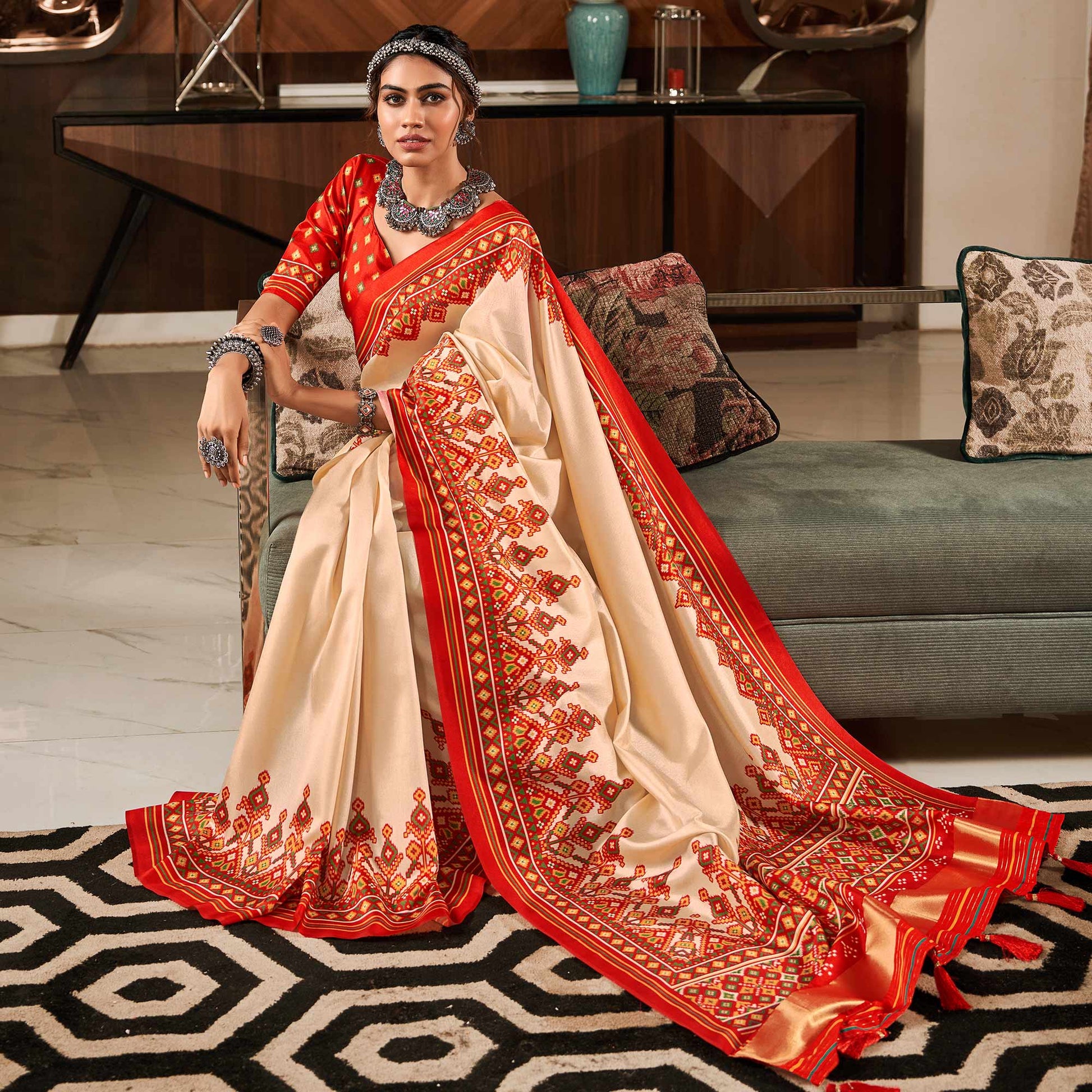 Cream & Red Patola Printed Tussar Silk Saree