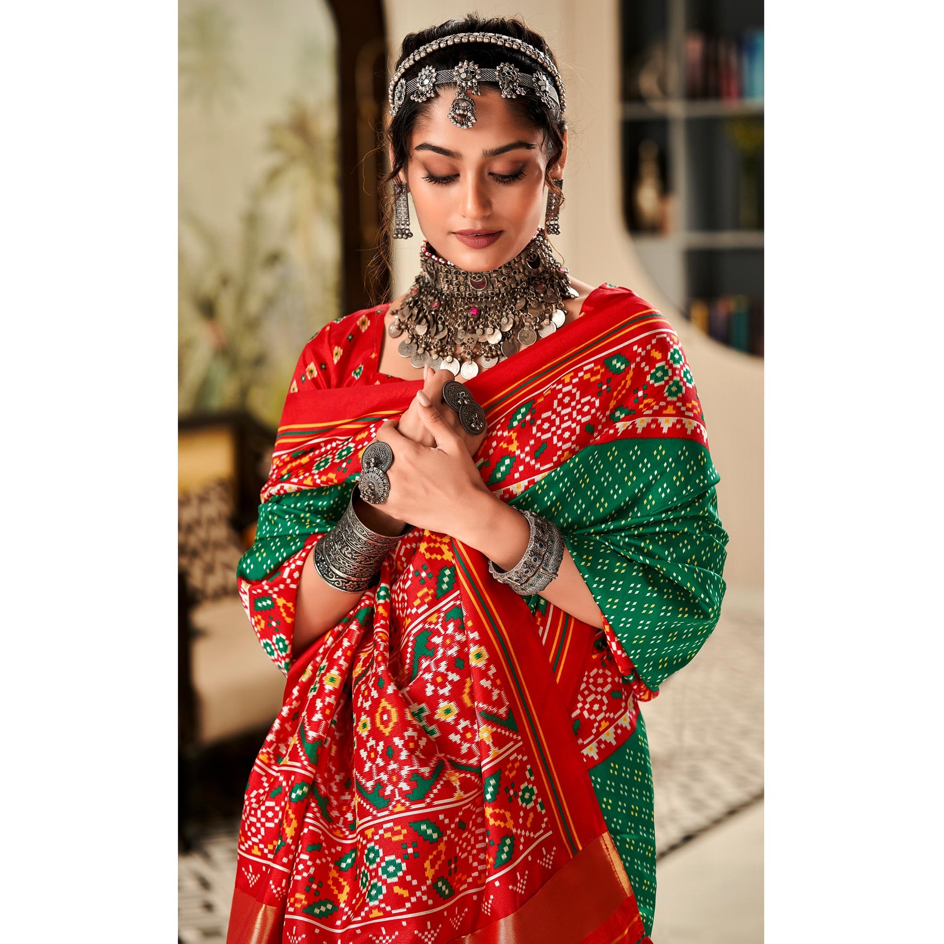 green-red-patola-printed-tussar-silk-saree
