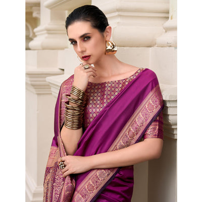 Magenta Woven Banarasi Silk Saree With Zari Border