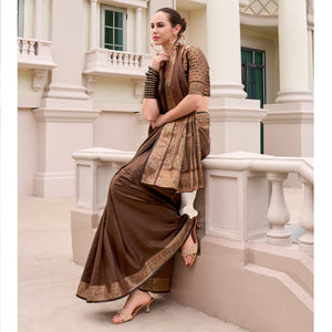 Brown Woven Banarasi Silk Saree With Zari Border