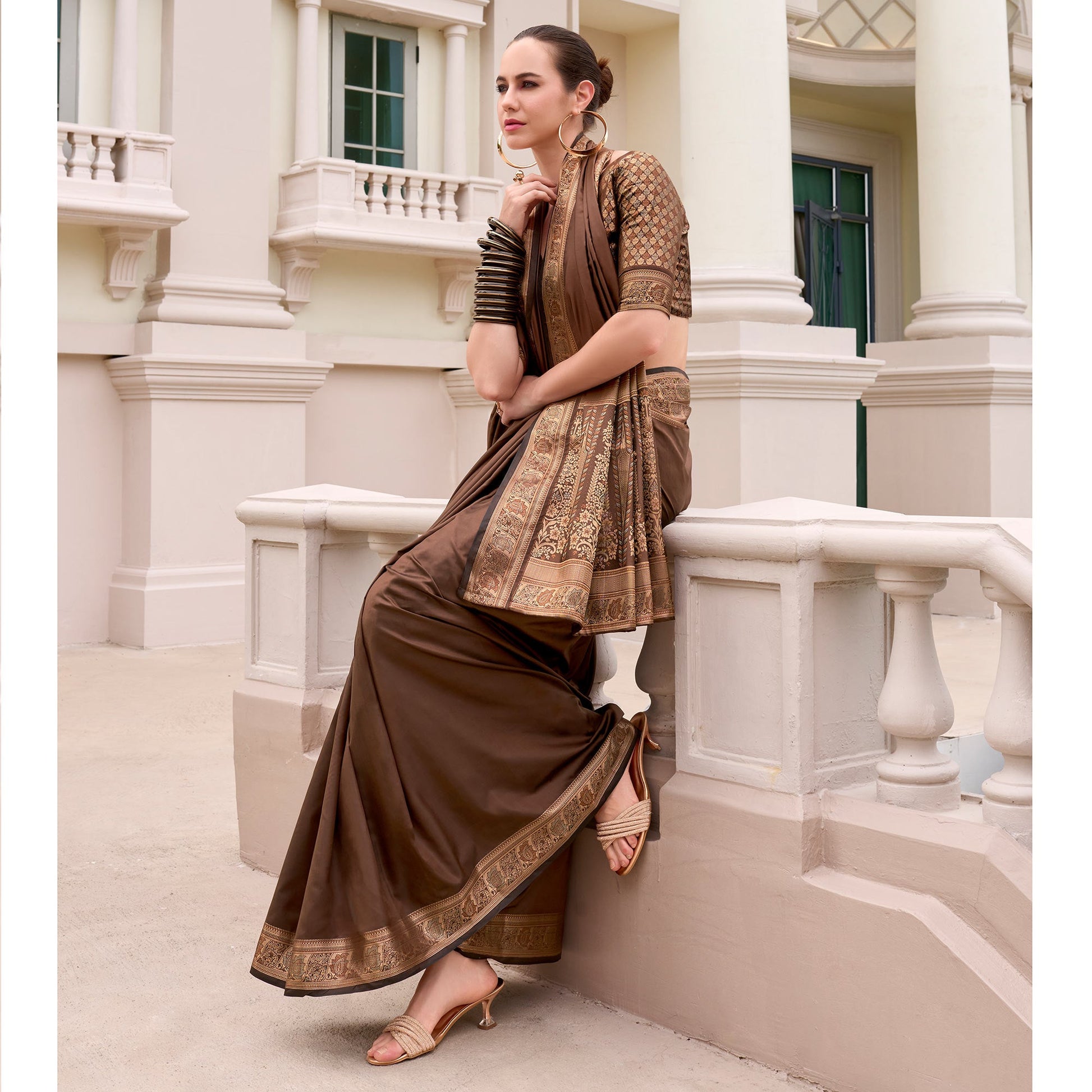 Brown Woven Banarasi Silk Saree With Zari Border