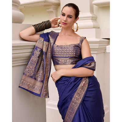 Blue Woven Banarasi Silk Saree With Zari Border