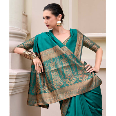 Morpich Green Woven Banarasi Silk Saree With Zari Border