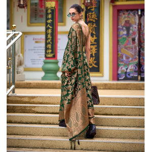 Dark Green Floral Motifs Woven Organza Saree