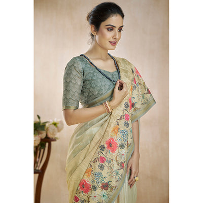 Cream Floral Digital Printed Pure Silk Saree
