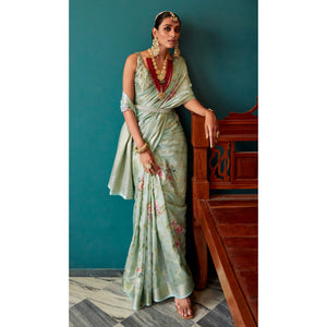 green-floral-digital-printed-muslin-saree