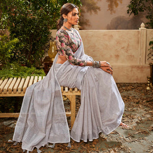 Grey Woven Pure Cotton Saree With Tassels