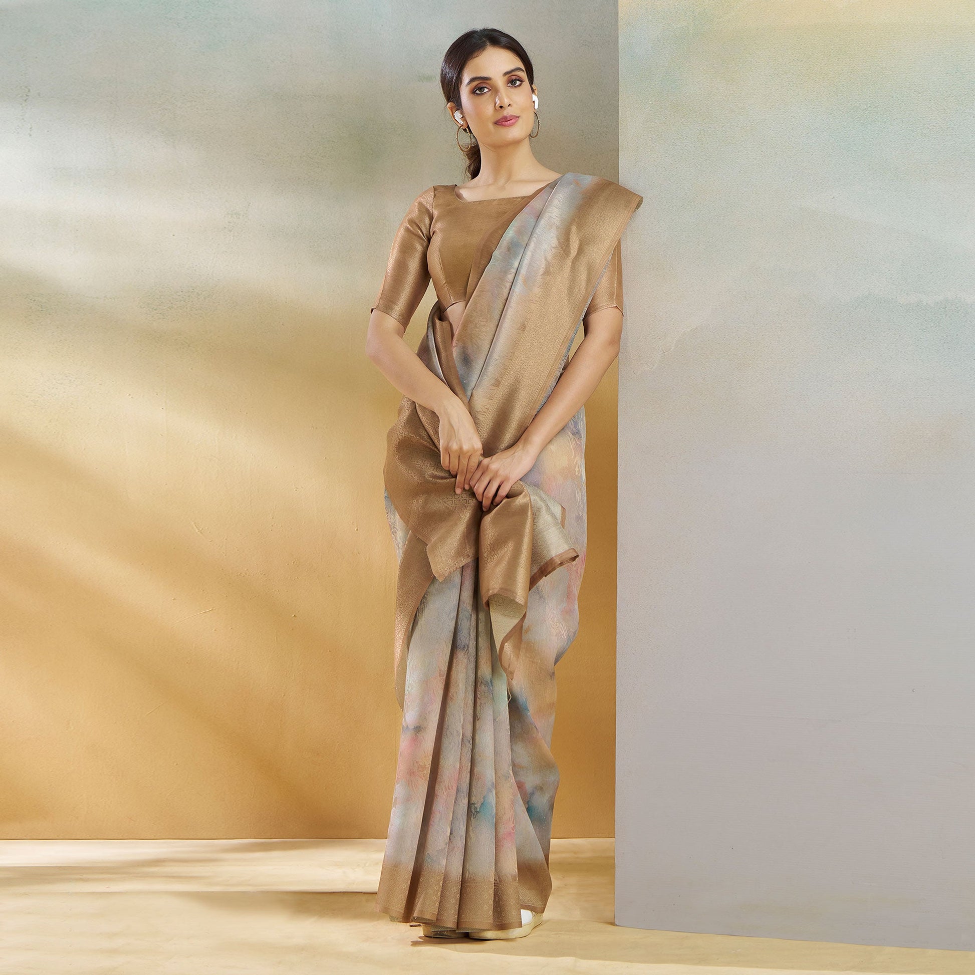 Chikoo Woven With Digital Printed Linen Saree