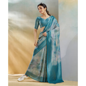 Blue Woven With Digital Printed Linen Saree
