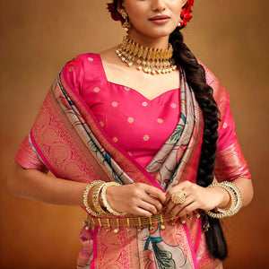 Light Mauve Kalamkari Printed Tussar Silk Saree With Banarasi Border