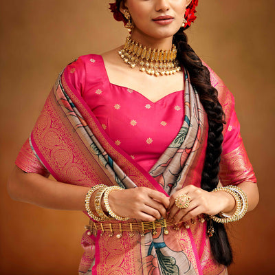 Light Mauve Kalamkari Printed Tussar Silk Saree With Banarasi Border