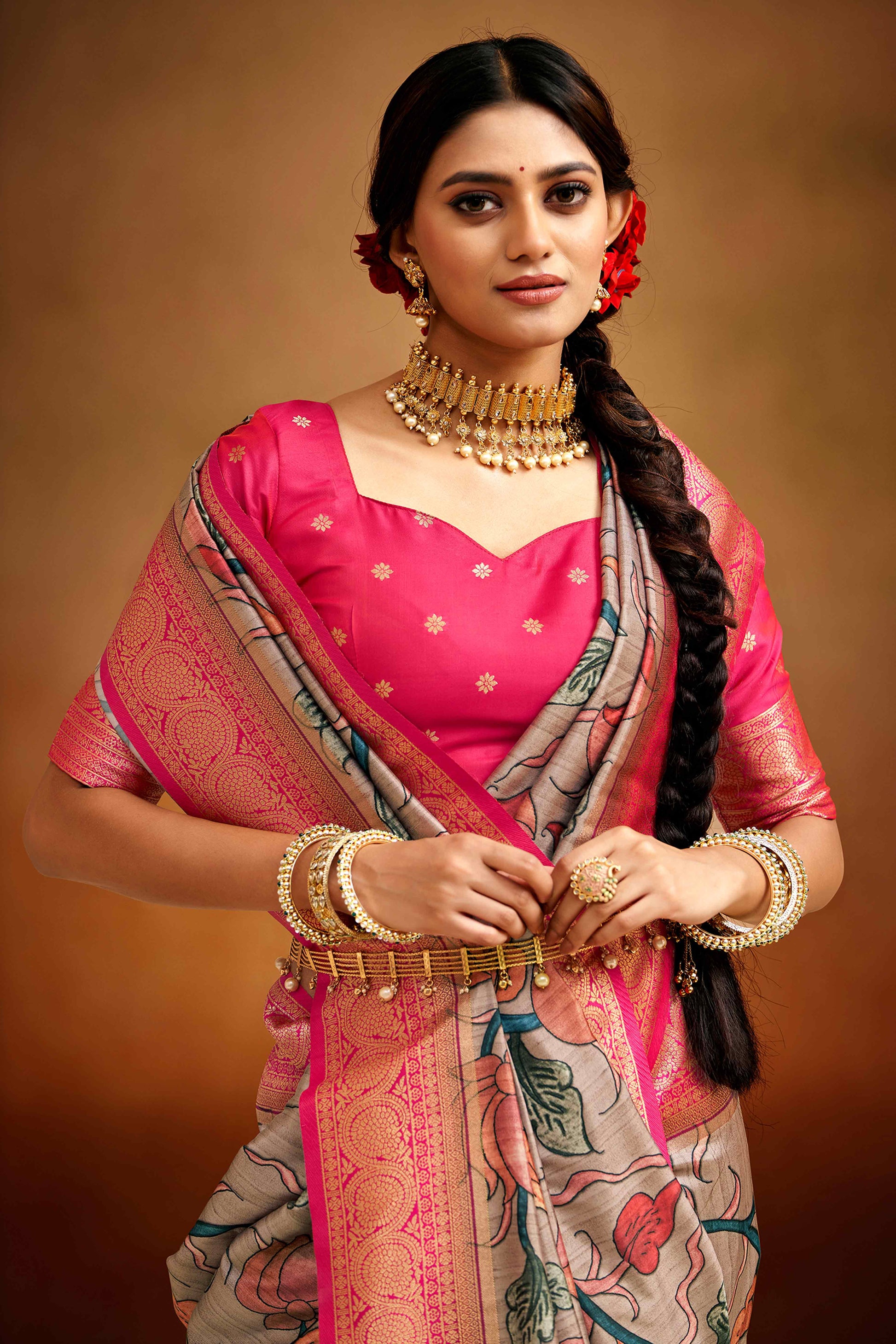 Light Mauve Kalamkari Printed Tussar Silk Saree With Banarasi Border