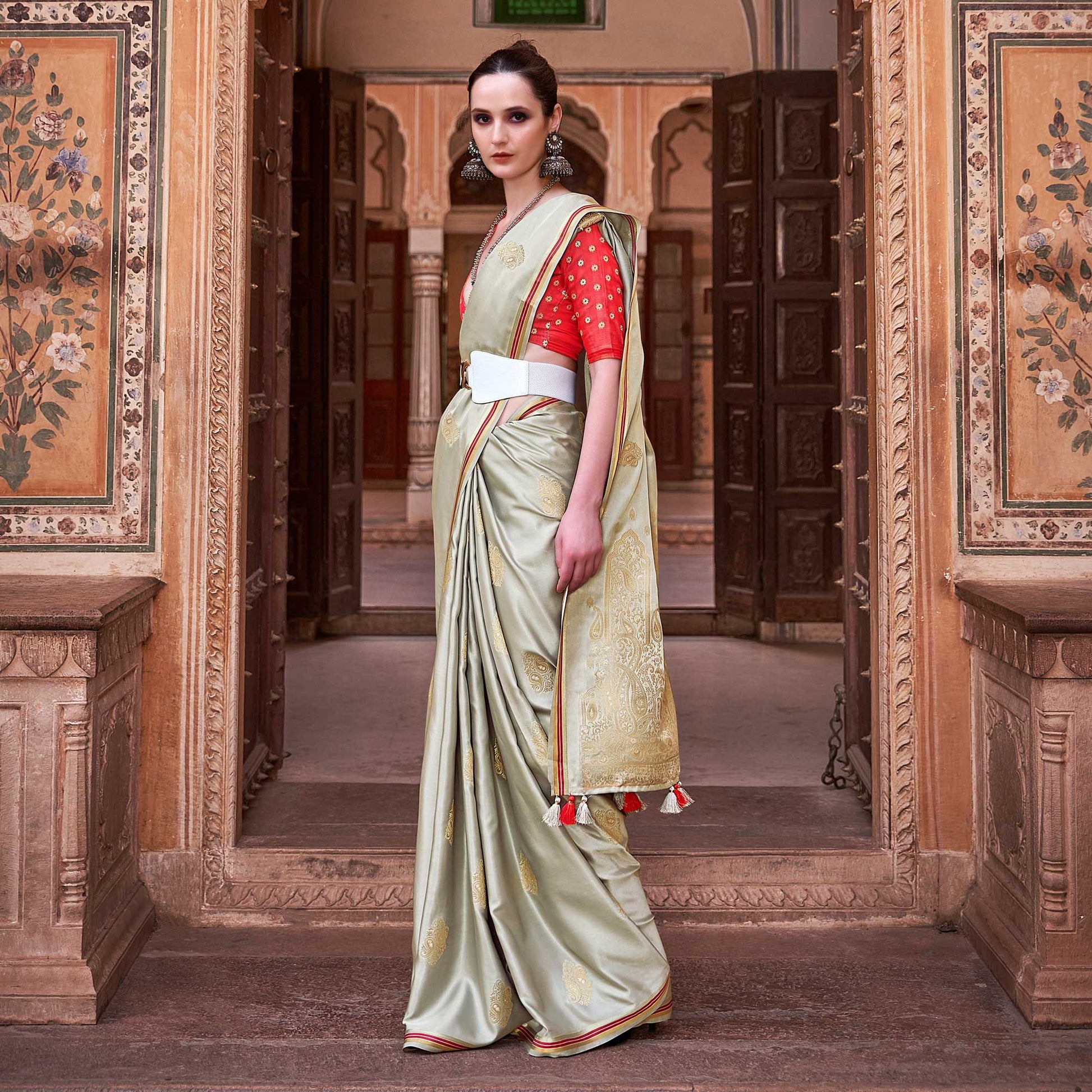 Grey Woven Satin Saree With Tassels