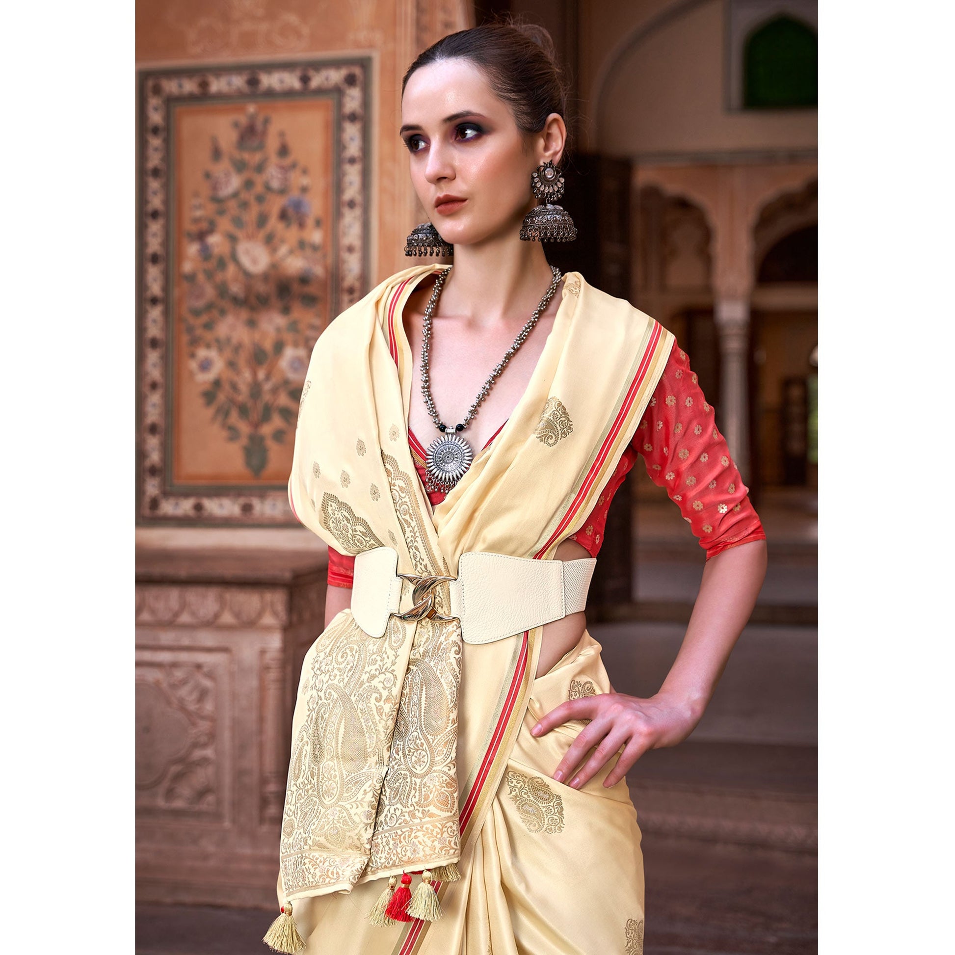 Cream Woven Satin Saree With Tassels