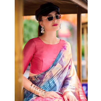 Gajri Pink Digital Printed Pure Satin Saree