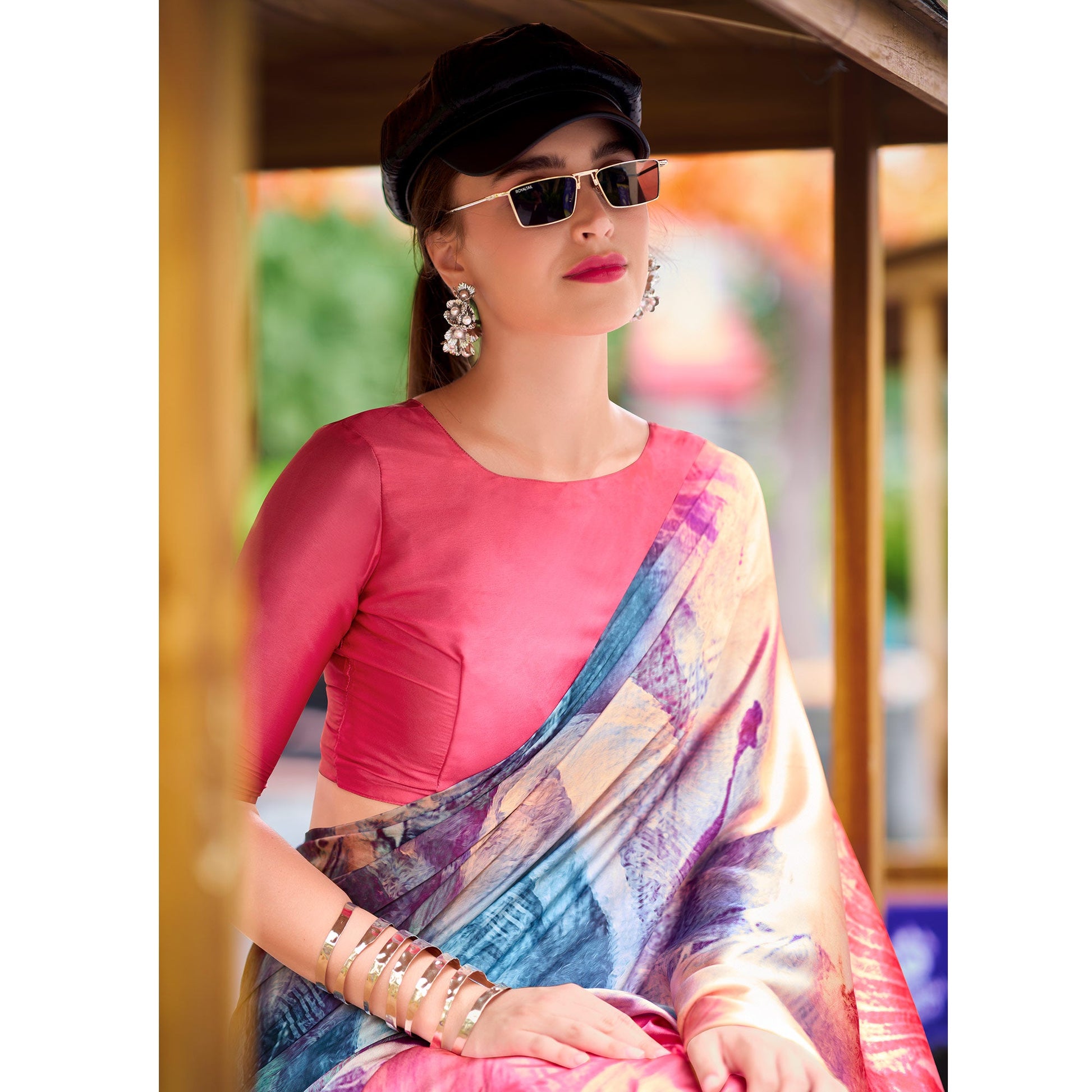 Gajri Pink Digital Printed Pure Satin Saree