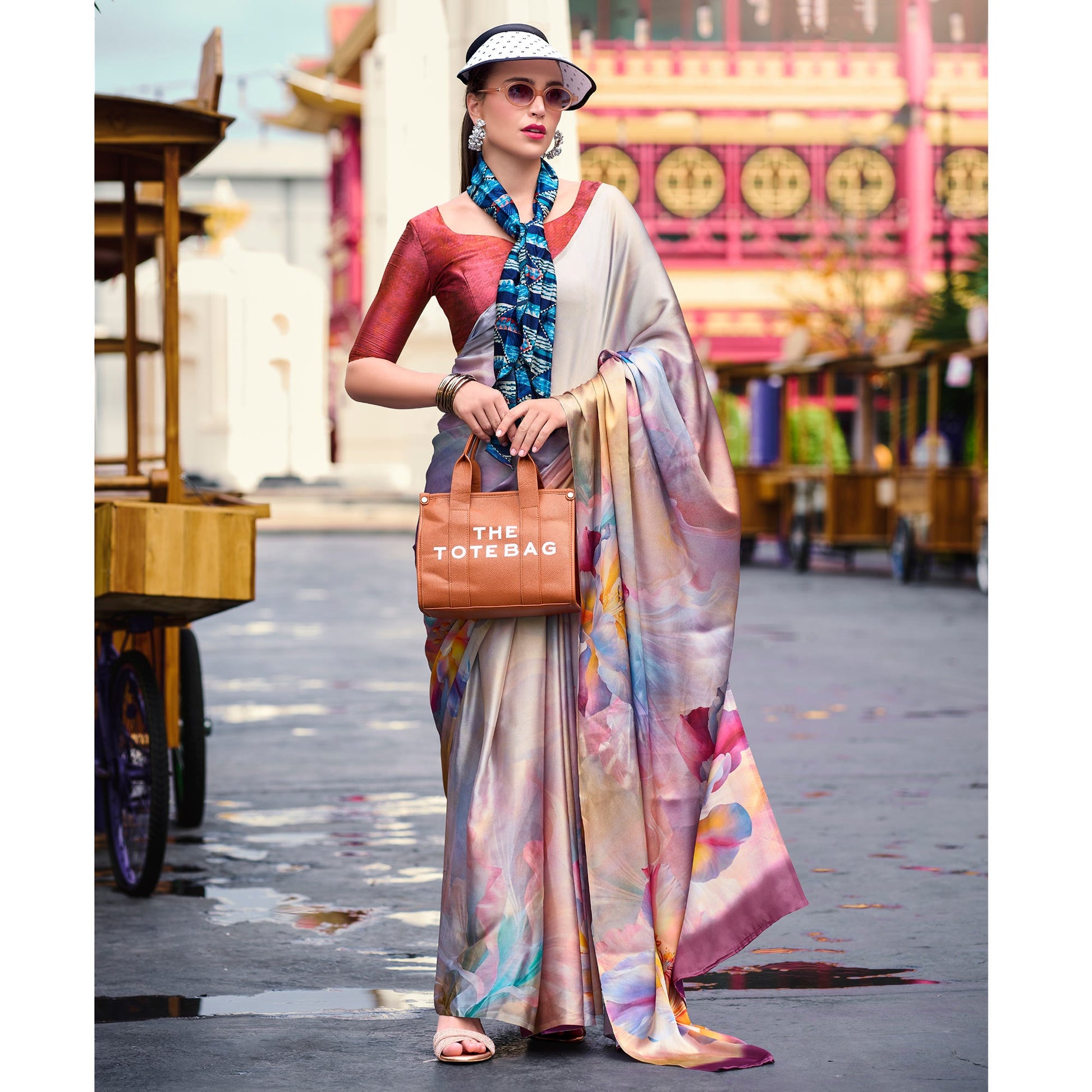 Light Mauve Digital Printed Pure Satin Saree