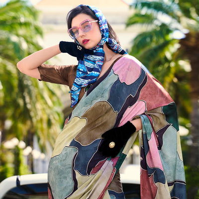 Multicolor Digital Printed Pure Satin Saree