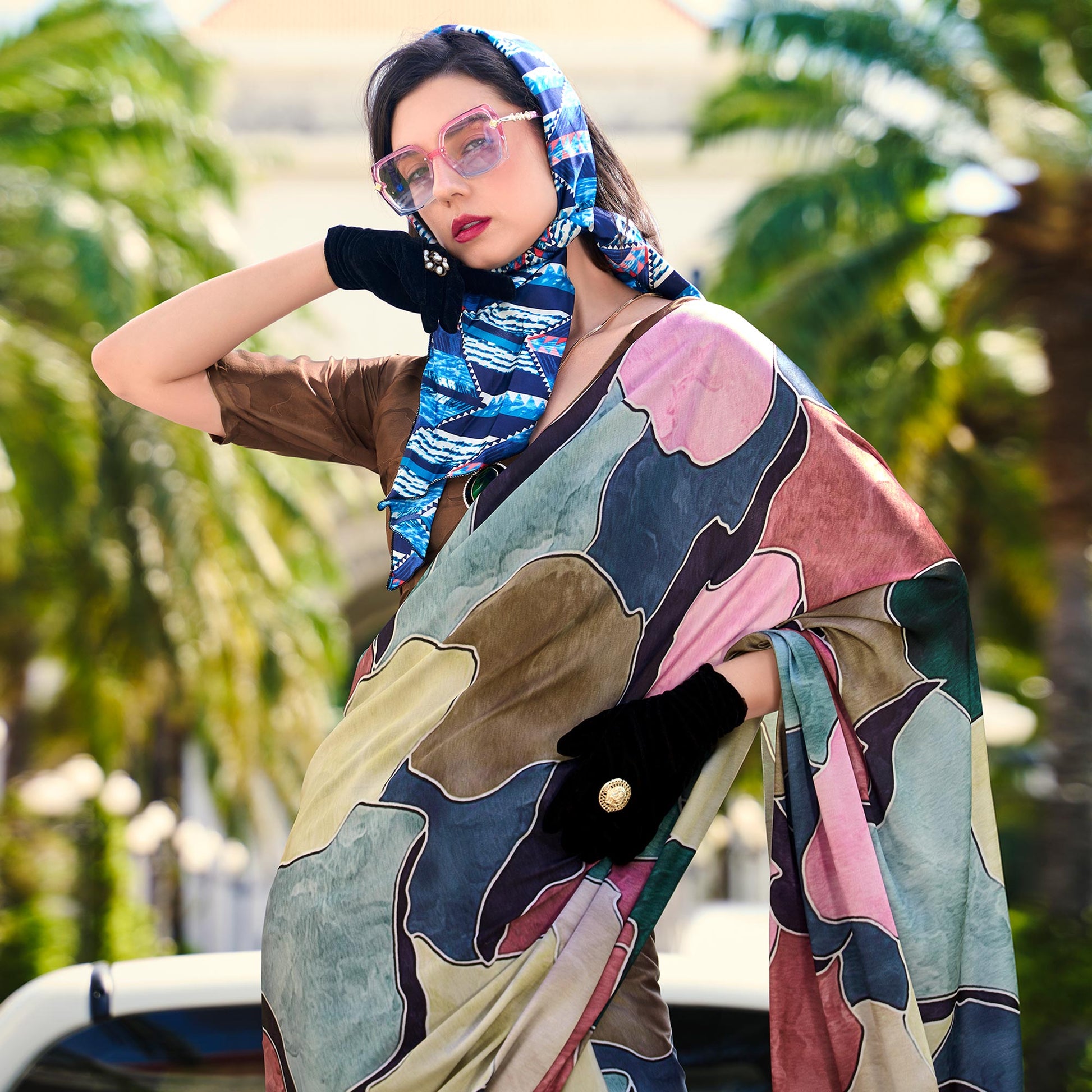 Multicolor Digital Printed Pure Satin Saree