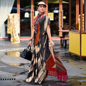 Multicolor Striped Digital Printed Pure Satin Saree