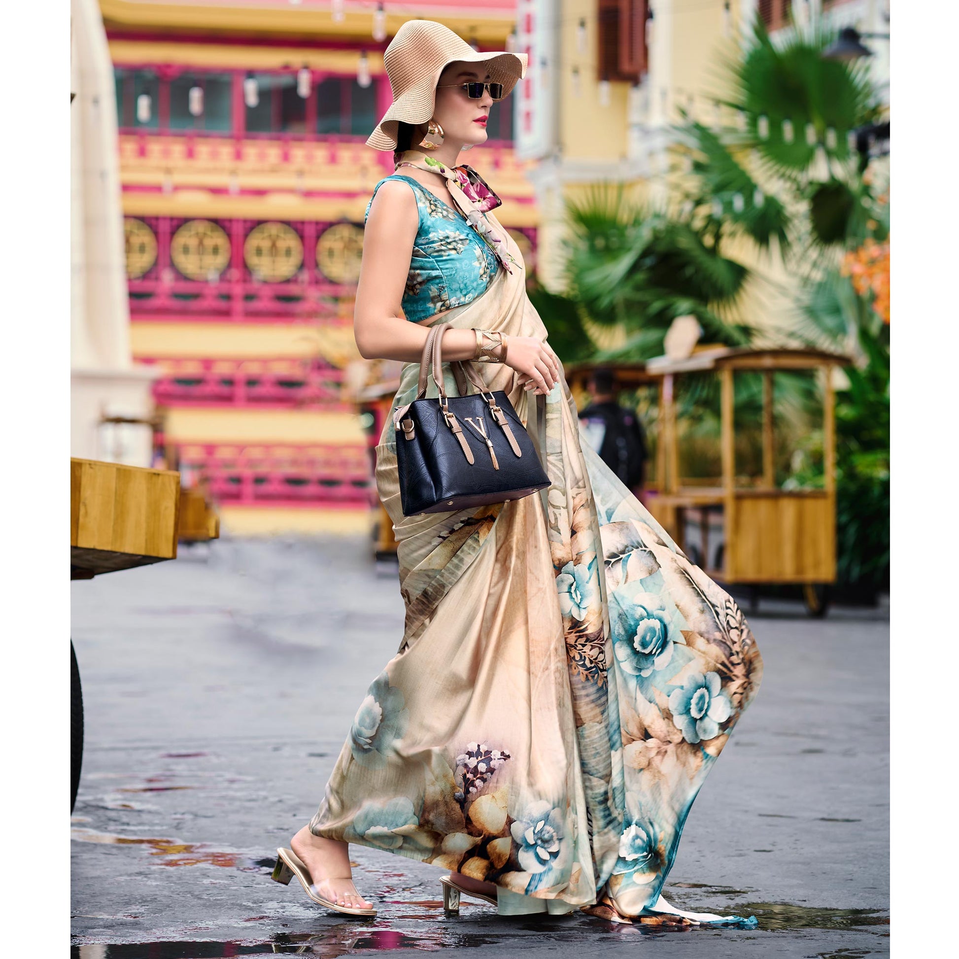 Cream Floral Digital Printed Pure Satin Saree