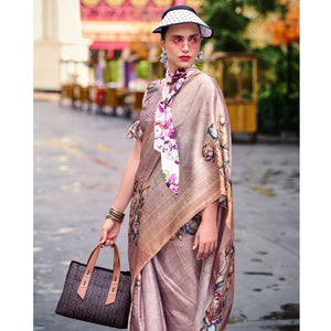 Dusty Rose Pink Floral Digital Printed Pure Satin Saree