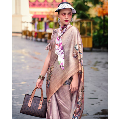 Dusty Rose Pink Floral Digital Printed Pure Satin Saree