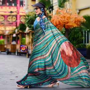 Rama Green Striped Digital Printed Pure Satin Saree